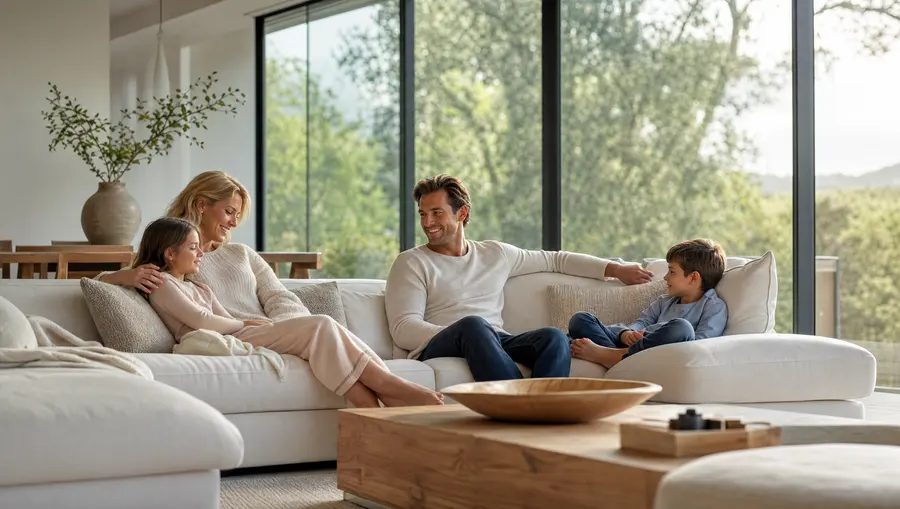 Family relaxing in a bright, airy living room